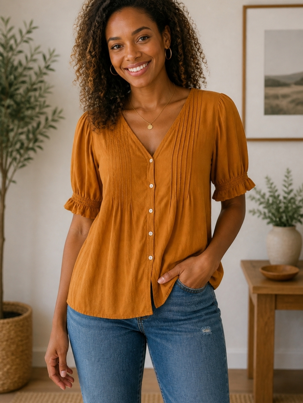 Old Navy Mustard V-Neck Button Front Blouse 100% Cotton